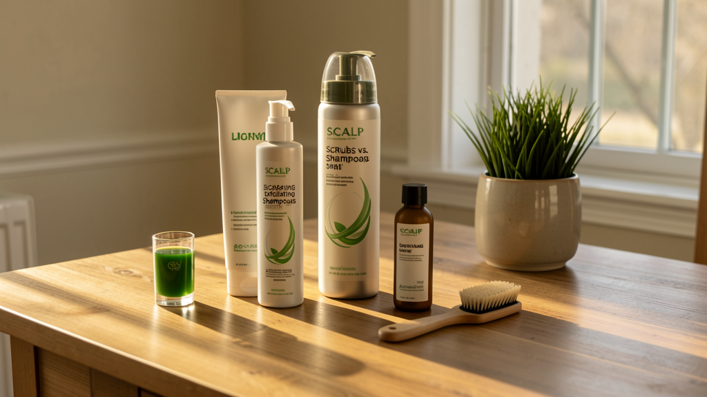 Editorial image illustrating Scalp Scrubs vs. Exfoliating Shampoos: Choosing Between Granule Friction and Chemical Dissolution